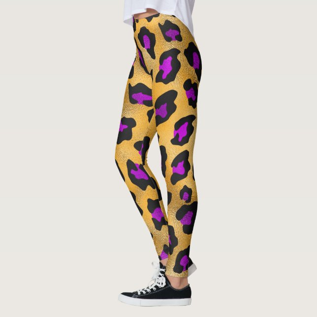 Legging Leggens de impressão Douradas roxas e leopardo pre (Esquerda)