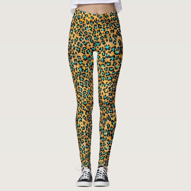 Legging Leggens de impressão para turquesa/leopardo Dourad (Frente)
