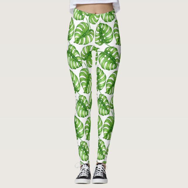 Legging Leggens de padrões de aquarelas da Monstera (Frente)