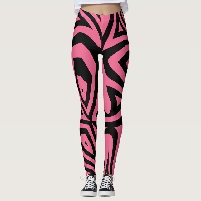 Legging Leggens femininas em tiras de zebra, rosa e preto (Frente)