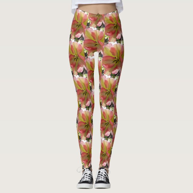 Legging Leggens Florais Da Tulipa Cor-De-Rosa E Amarela (Frente)