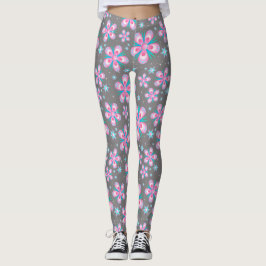 Legging Leggens Florais Geométricas Rosa e Cinza