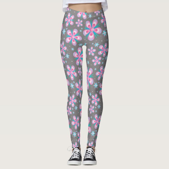 Legging Leggens Florais Geométricas Rosa e Cinza (Frente)