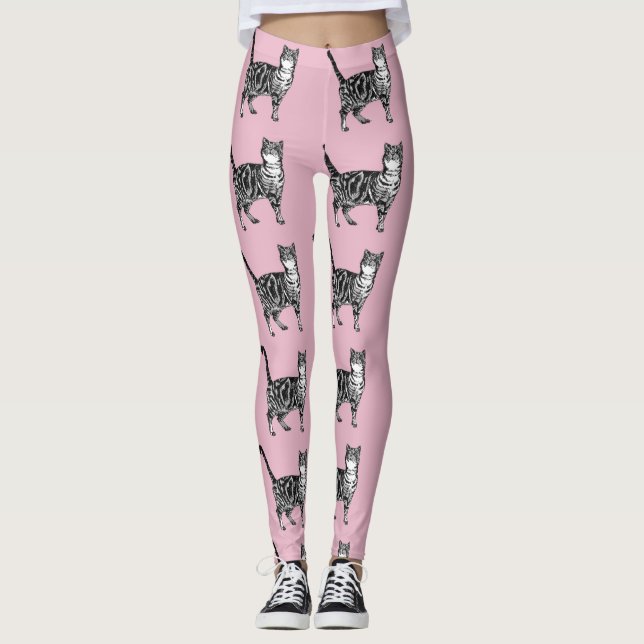 Legging Leggens Pretas e Rosa de Gato Tabby (Frente)