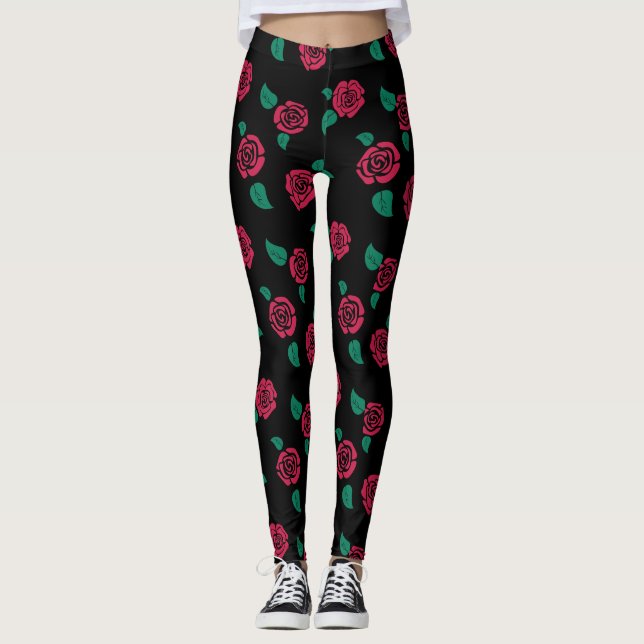 Legging Leggins con patrón estampado de rosas rojas (Frente)