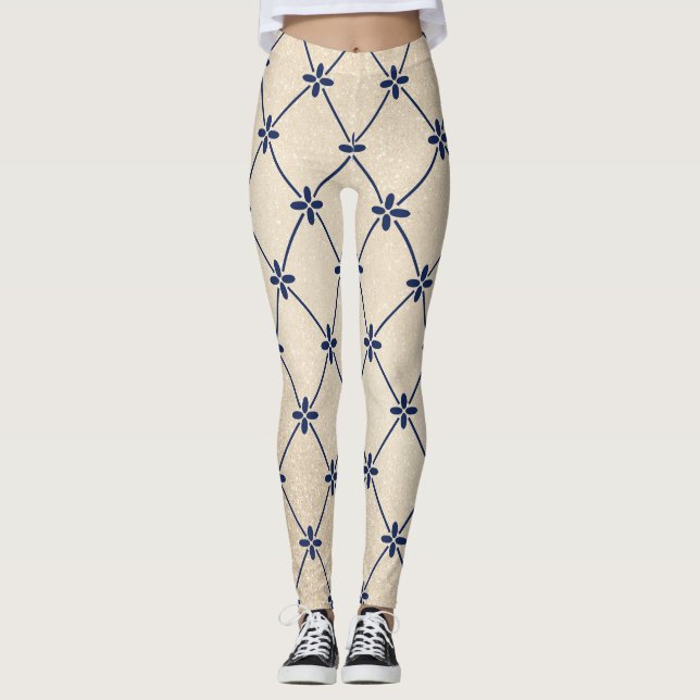 Legging Leggins de detalhes de flores azuis bonito (Frente)