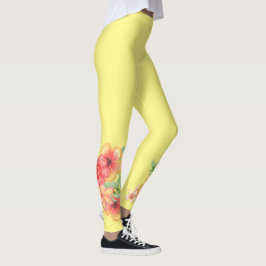Legging Leguminosas amarelas com flores tropicais cor-de-r