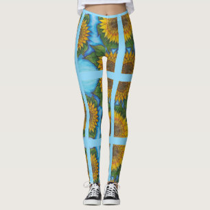 Legging Leguminosas azuis com girassóis e tiras amarelas