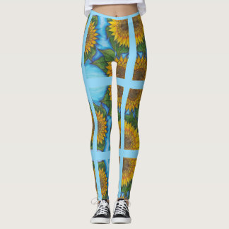 Legging Leguminosas azuis com girassóis e tiras amarelas