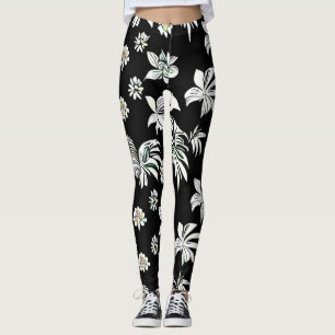 Legging Leguminosas com flores de estilo preto e branco