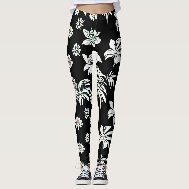 Legging Leguminosas com flores de estilo preto e branco (Frente)