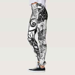 Legging Leguminosas Pretas E Brancas com Arte De Grafite I