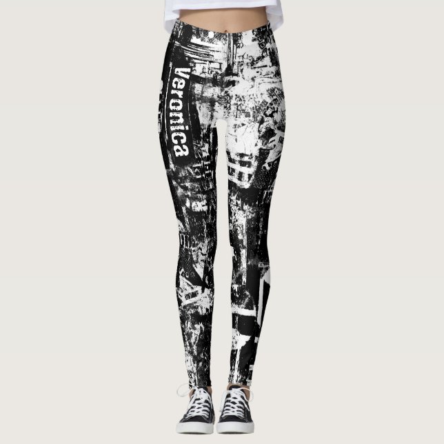 Legging Leguminosas Pretas E Brancas com Arte De Grafite I (Frente)