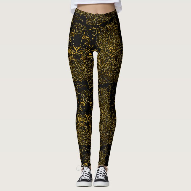 Legging Leopardo Dourado da neve nas pernas pretas (Frente)