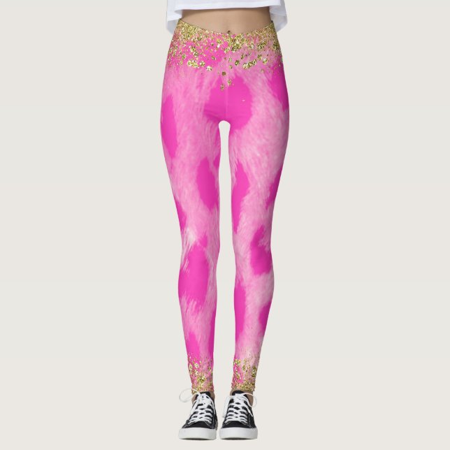Legging Leopardo Rosa Estampa Guepardo Brilho Dourado Mode (Frente)