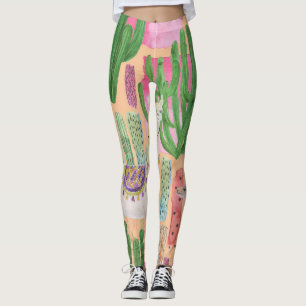 Legging Lhamas aquarelas, cactos: padrão sem costura.