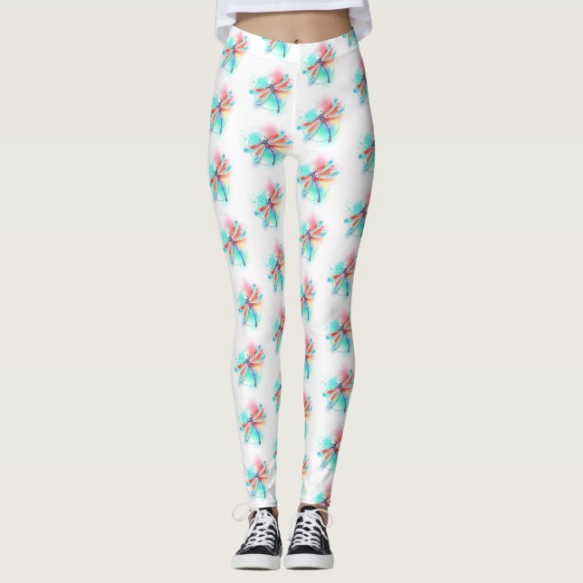 Legging libélula vermelha sobre fundo de aquarela (Frente)