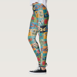 Legging Libélulas Coloridas E Rosas Remendado