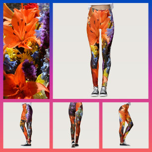 Legging Lilases Laranja Coloridas Vibrantes Abstrato Flora