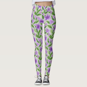 Legging Lilases Roxas Vibrantes Com Folhas Verdes