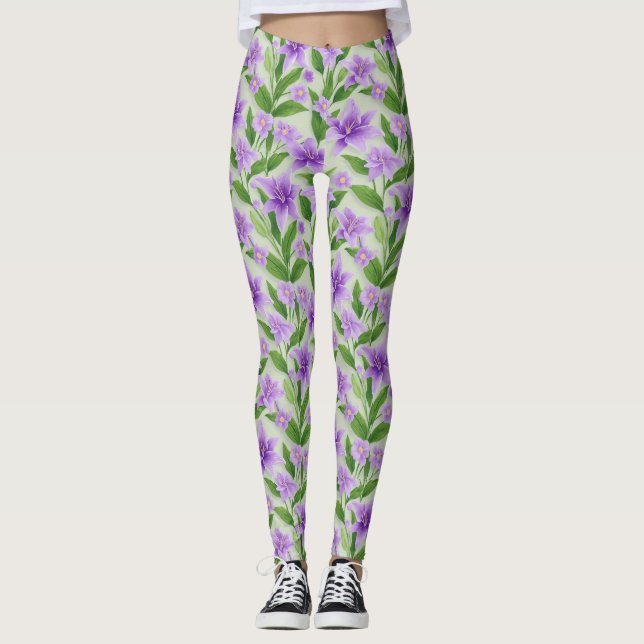 Legging Lilases Roxas Vibrantes Com Folhas Verdes (Frente)