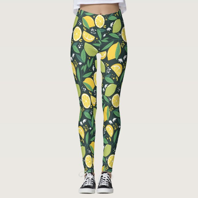 Legging Limão amarelo e padrão de Comida de Fruta verde (Frente)