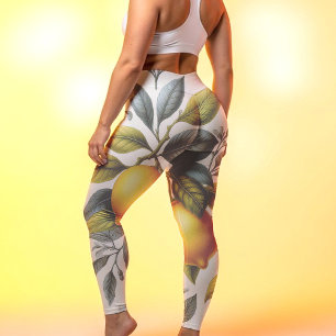 Legging Limão Amarelo Vibrante e Botânico Aquarela Azul