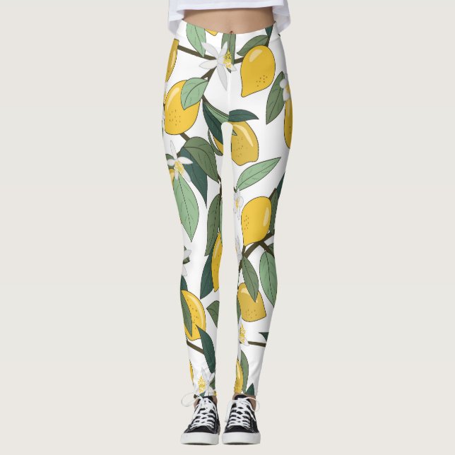 Legging Limões Amarelos, Impressão Tropical Sem Costura. (Frente)