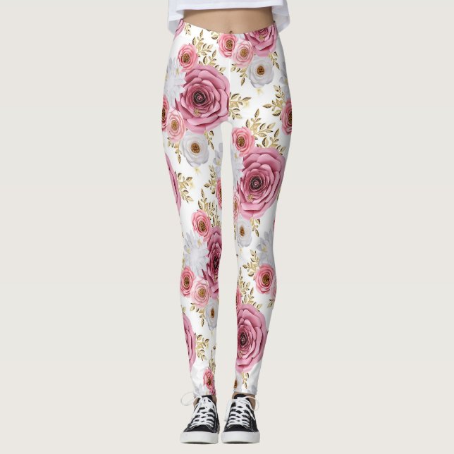 Legging Linda cor rosa com Rosa floral design (Frente)