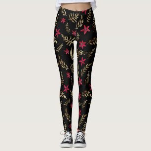 Legging Linda flor vermelha ouro brilha preto