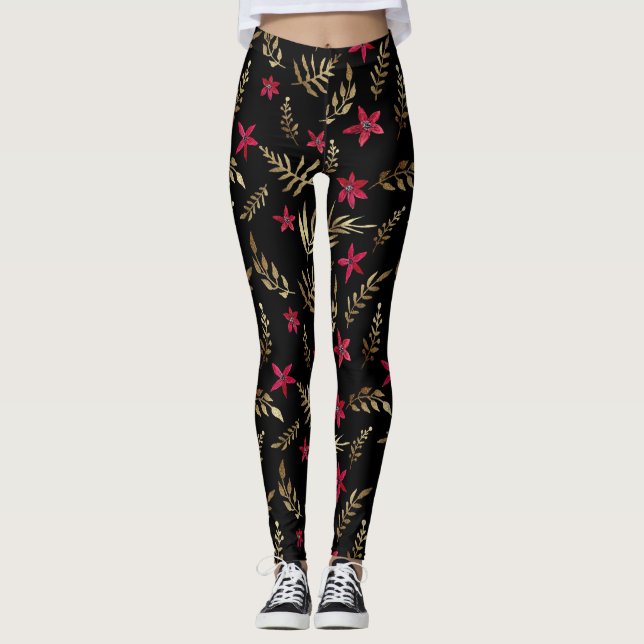 Legging Linda flor vermelha ouro brilha preto (Frente)