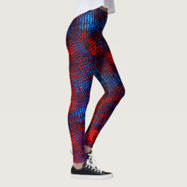 Legging Linda quadrada riscada em azul e vermelho.