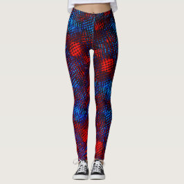 Legging Linda quadrada riscada em azul e vermelho.