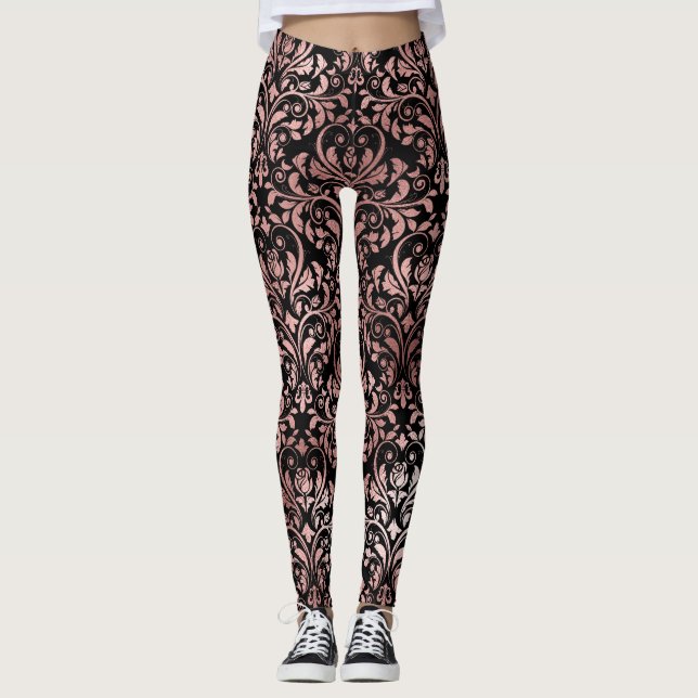 Legging Linda Rosa Rosa Rosa Dourada Damasco Negro (Frente)