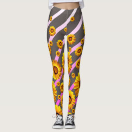 Legging Lindas flores amarelas nas cinzas, faixas cor-de-r