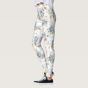 Legging Lindas Flores Azuis Creme Bege Marrom
