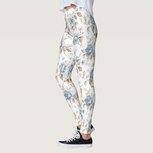 Legging Lindas Flores Azuis Creme Bege Marrom (Esquerda)