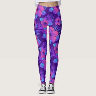 Legging Lindas flores de hibisco roxas