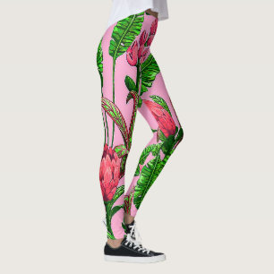 Legging Lindas Folhas Verdes Tropicais com Flores Vermelha