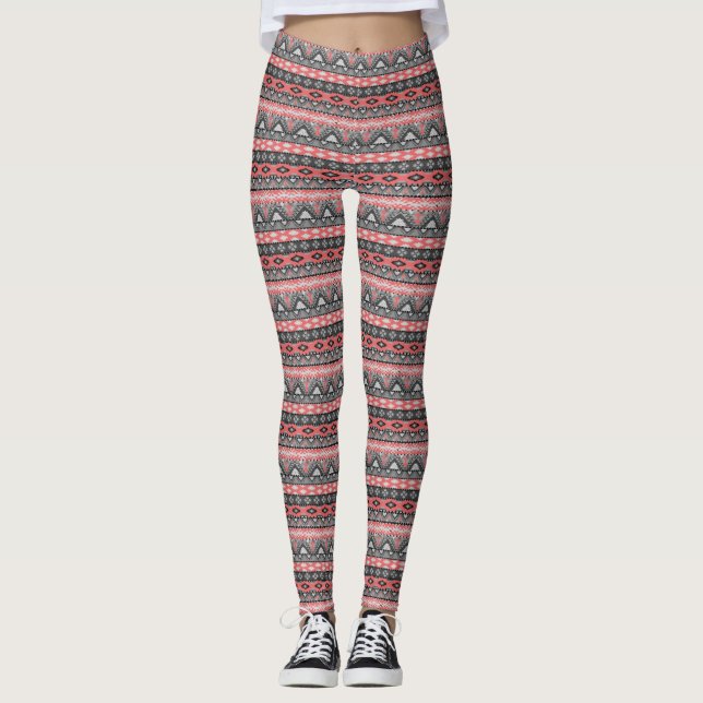 Legging Lindo desenho de padrão asteca cinza e vermelho (Frente)