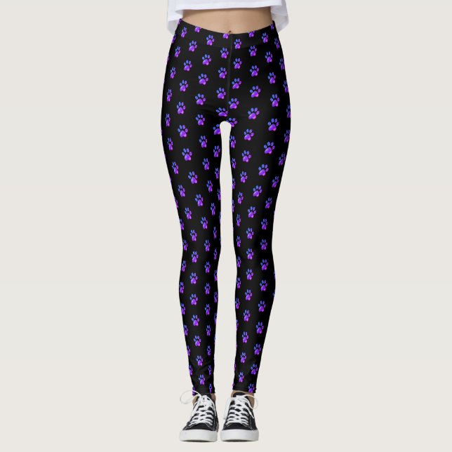 Legging Lindo padrão de pata violeta azul em preto (Frente)