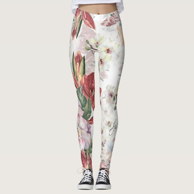 Legging Lindo padrão floral Borgonha e lindinho (Frente)