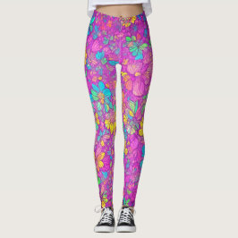 Legging Lindo Padrão Floral Colorido Rosa Boho Hippie