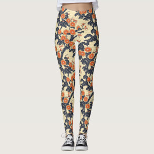 Legging Lindo Padrão Floral Japonês Azul Bege