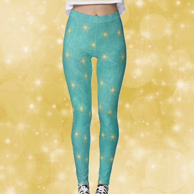 Legging Lindo Teal Vibrante com Estrelas Douradas Brilhant (Vibrant teal coloured Chrismtas womans leggins with bright glowing gold stars.)