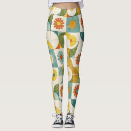 Legging Linhas Curvas, Círculos, Padrão De Flor Estilizado