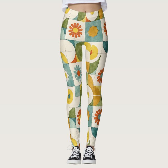 Legging Linhas Curvas, Círculos, Padrão De Flor Estilizado (Frente)