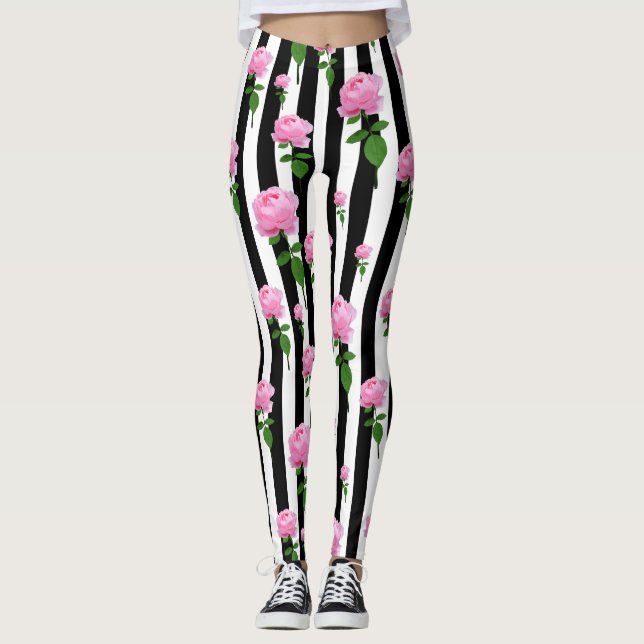 Legging Linhas de Flores Rosa Cor-de-Rosa Preta (Frente)
