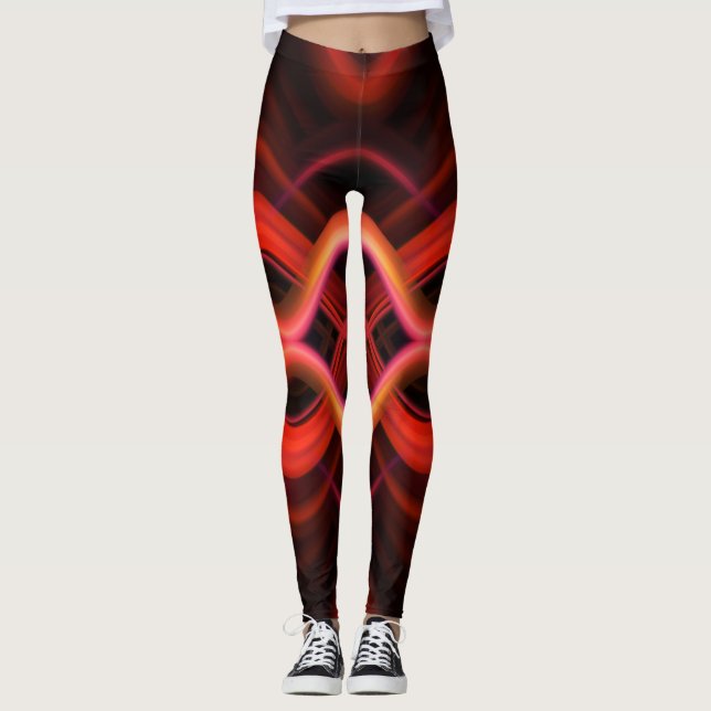 Legging Linhas de onda vermelha geométrica design. (Frente)