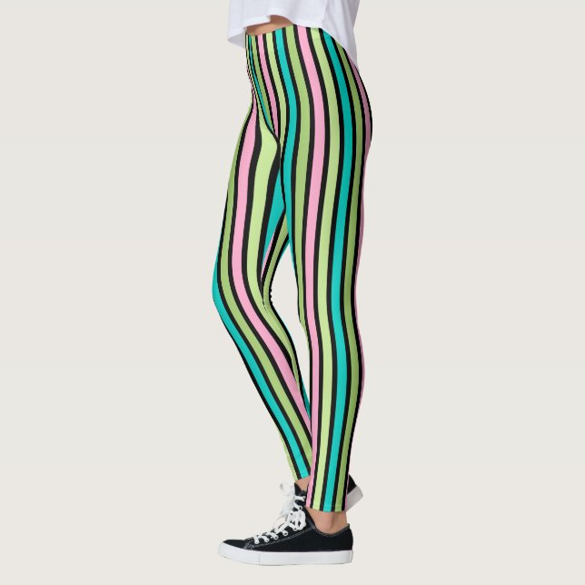 Legging Linhas Geométricas Verticais Arco-íris Pastel Rosa (Esquerda)